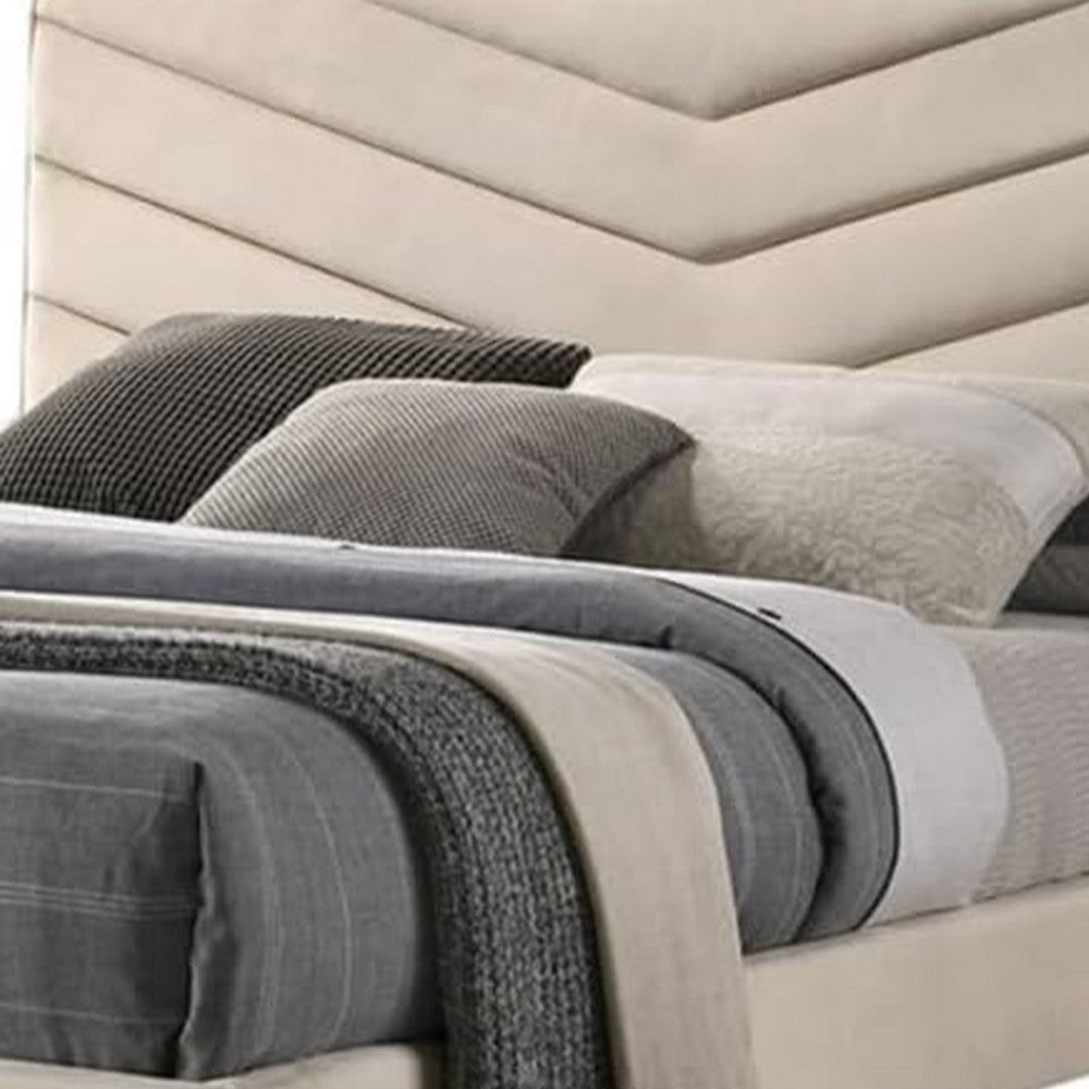 Vevy Full Size Bed, Chevron Tufted Beige Flannelette Upholstery - BM342365