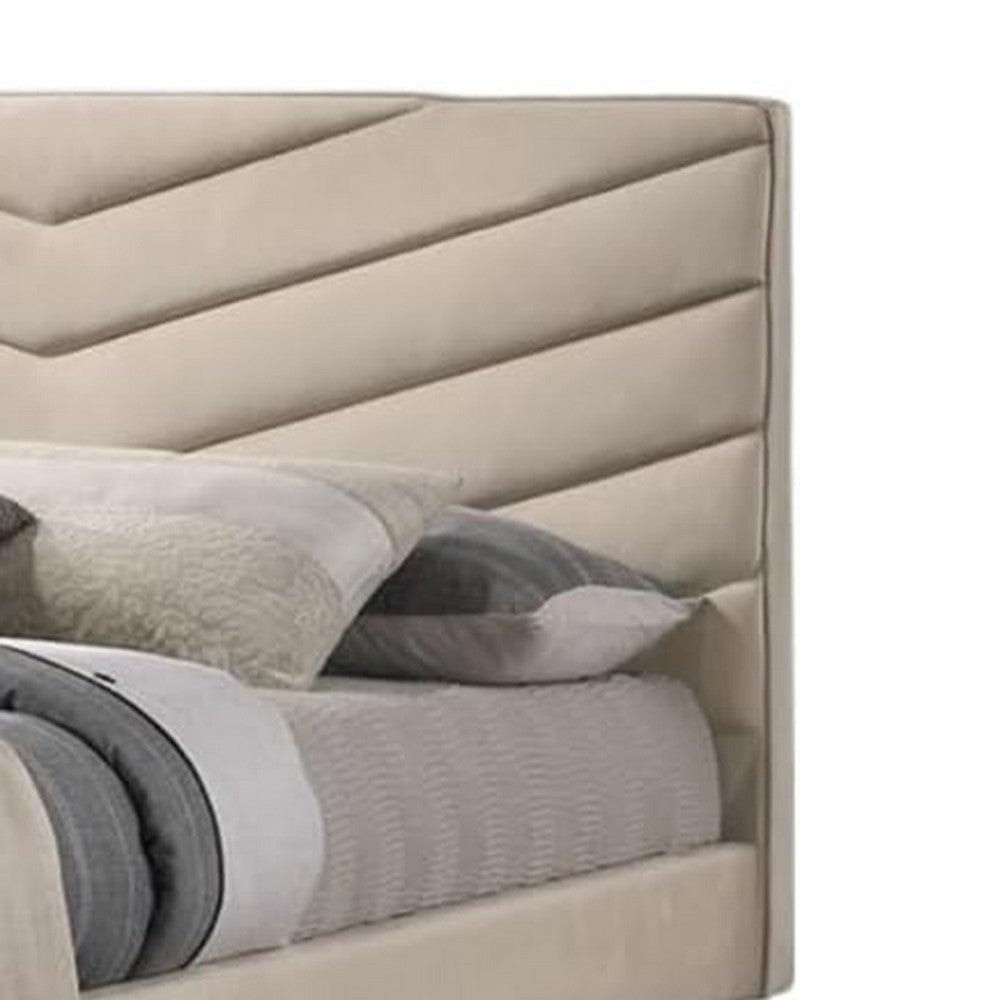 Vevy Full Size Bed, Chevron Tufted Beige Flannelette Upholstery - BM342365