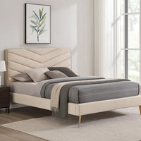 Vevy Full Size Bed, Chevron Tufted Beige Flannelette Upholstery - BM342365