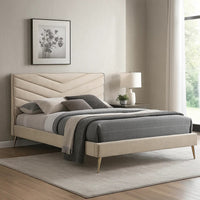 Vevy Full Size Bed, Chevron Tufted Beige Flannelette Upholstery - BM342365
