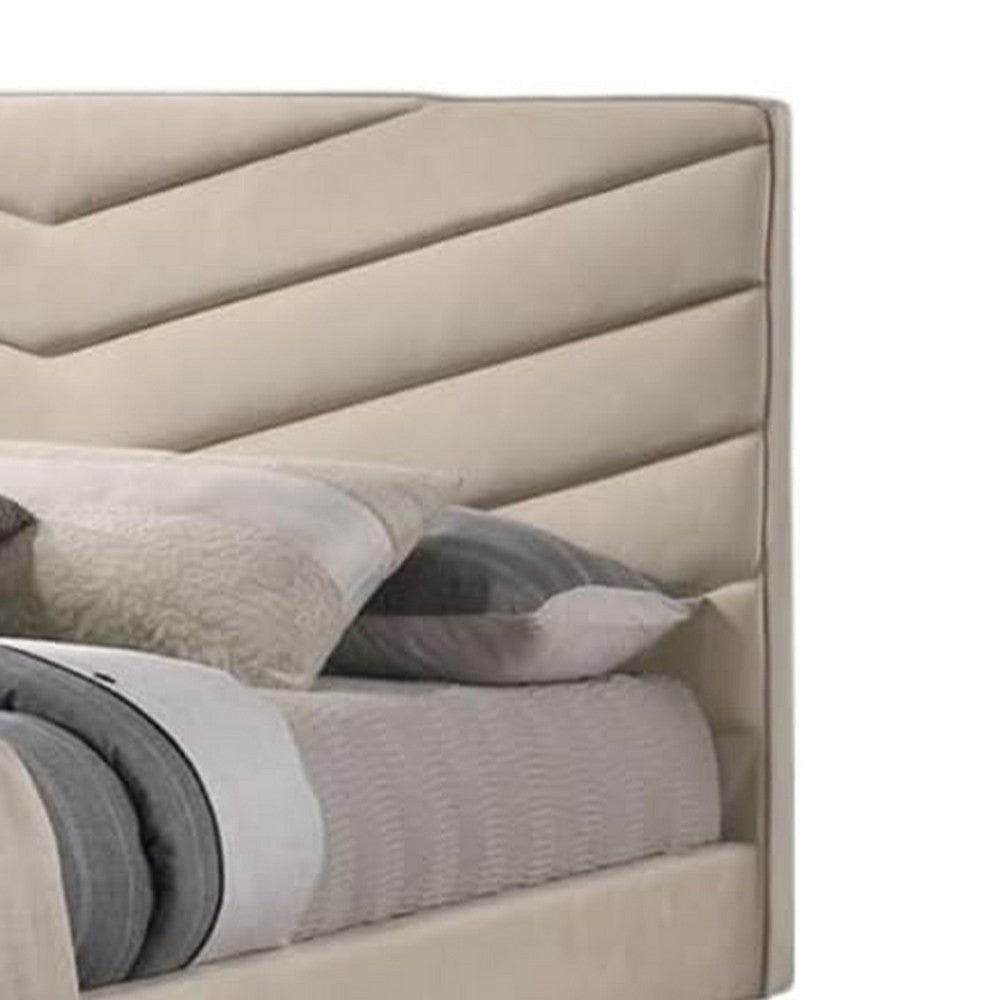 Vevy Queen Size Bed, Chevron Tufted Beige Flannelette Upholstery - BM342366