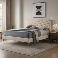 Vevy Queen Size Bed, Chevron Tufted Beige Flannelette Upholstery - BM342366