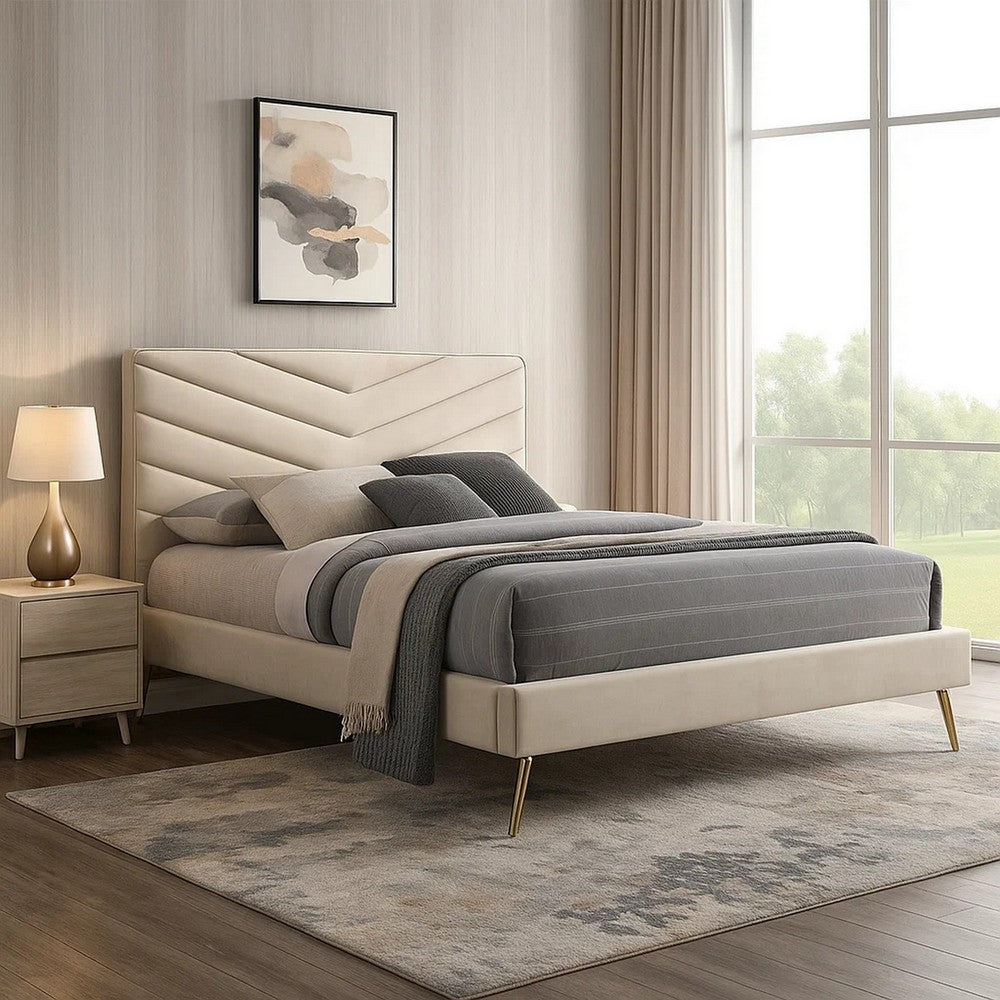 Vevy Twin Size Bed, Chevron Tufted Beige Flannelette Upholstery - BM342367