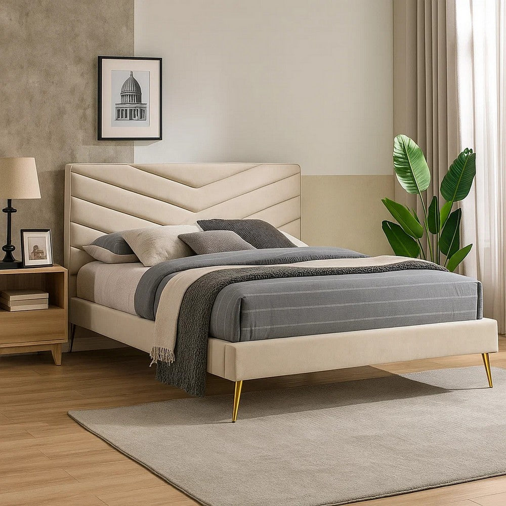 Vevy Twin Size Bed, Chevron Tufted Beige Flannelette Upholstery - BM342367