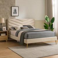 Vevy Twin Size Bed, Chevron Tufted Beige Flannelette Upholstery - BM342367