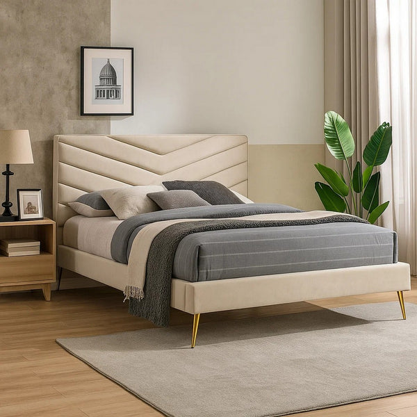 Vevy Twin Size Bed, Chevron Tufted Beige Flannelette Upholstery - BM342367