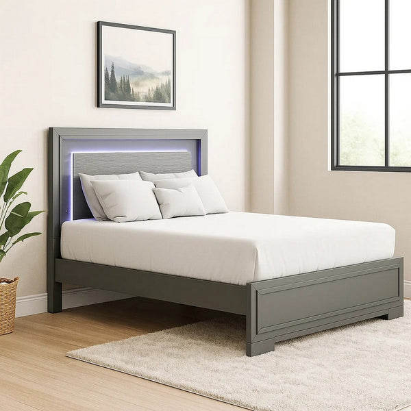 Aliso Queen Size Bed, LED Panel Headboard, Modern Metallic Gray - BM342377