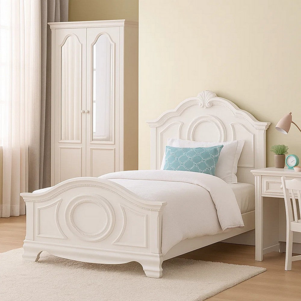 Aleci Twin Size Bed, Crown Molding and Bell-Shaped Design, White - BM342378
