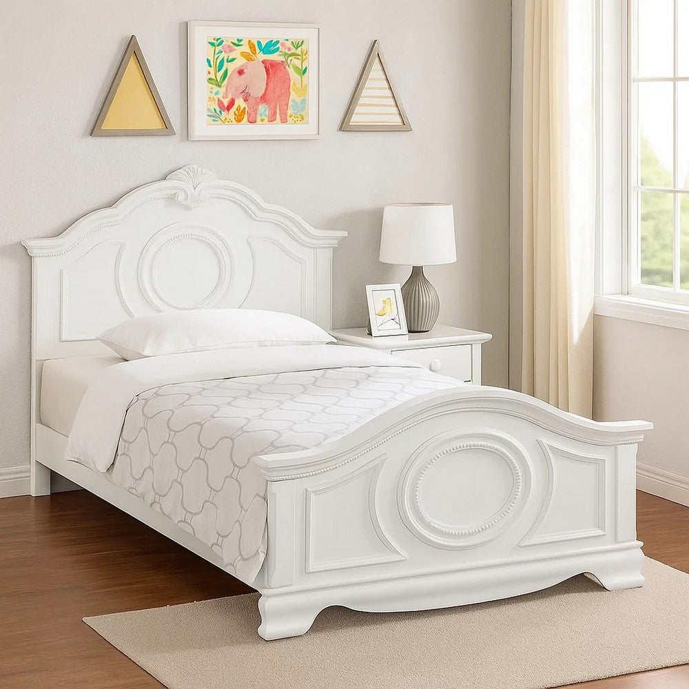 Aleci Twin Size Bed, Crown Molding and Bell-Shaped Design, White - BM342378