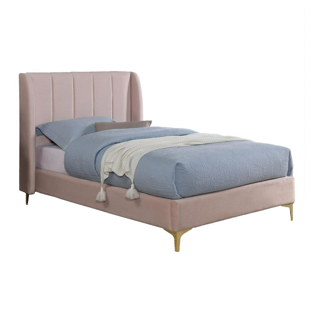Pevy Twin Size Bed, Tufted Wingback in Light Pink Velvelike Upholstery - BM342380
