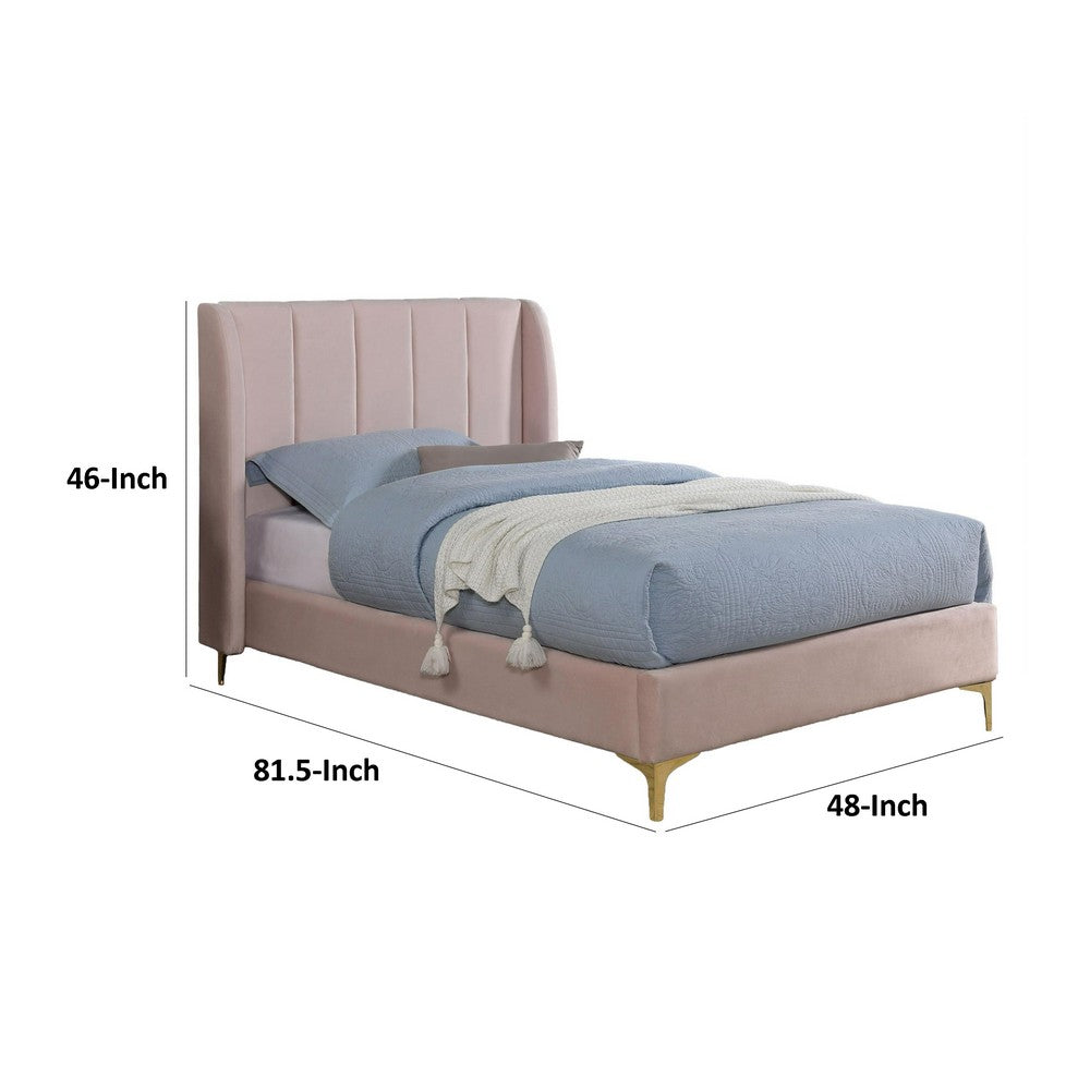 Pevy Twin Size Bed, Tufted Wingback in Light Pink Velvelike Upholstery - BM342380