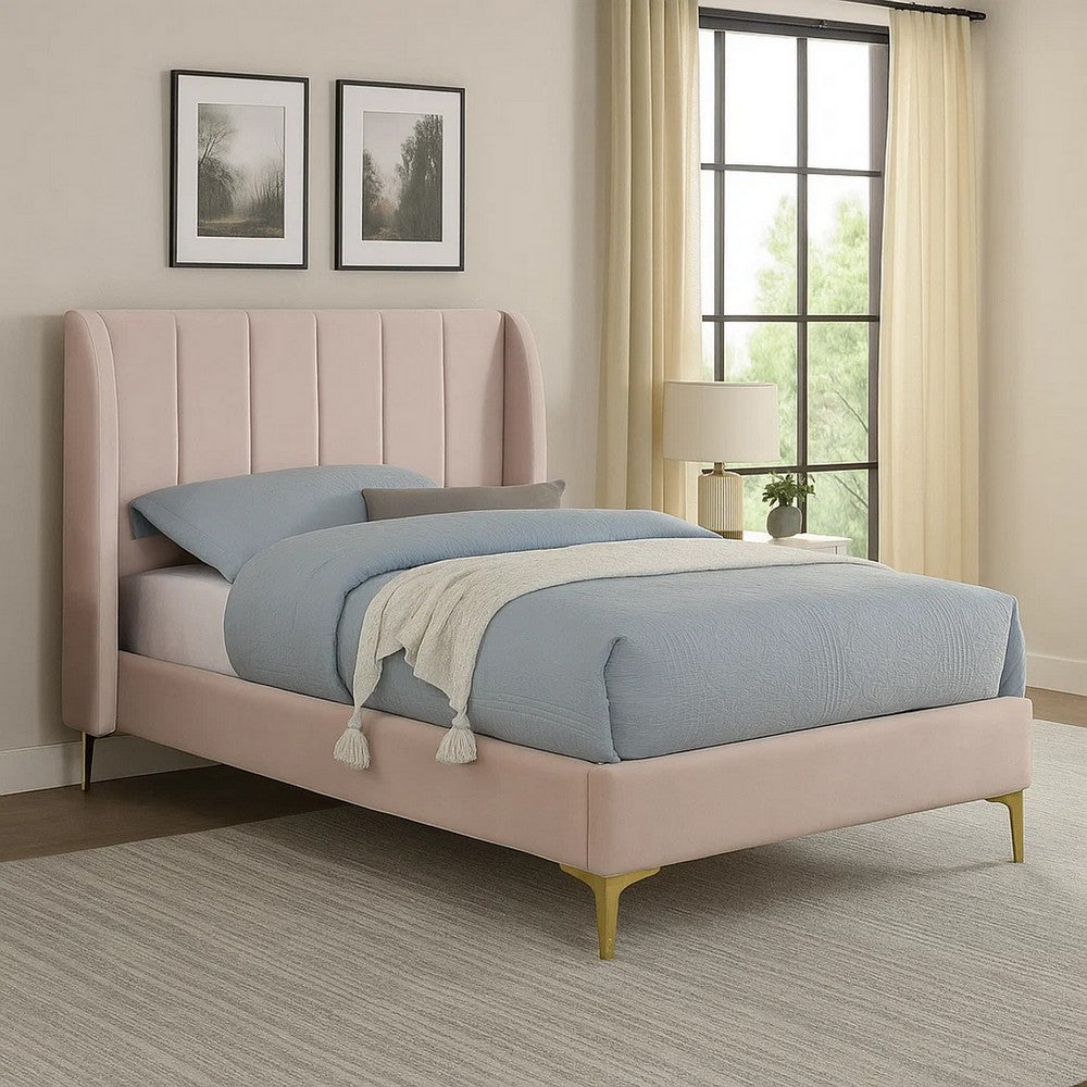 Pevy Twin Size Bed, Tufted Wingback in Light Pink Velvelike Upholstery - BM342380