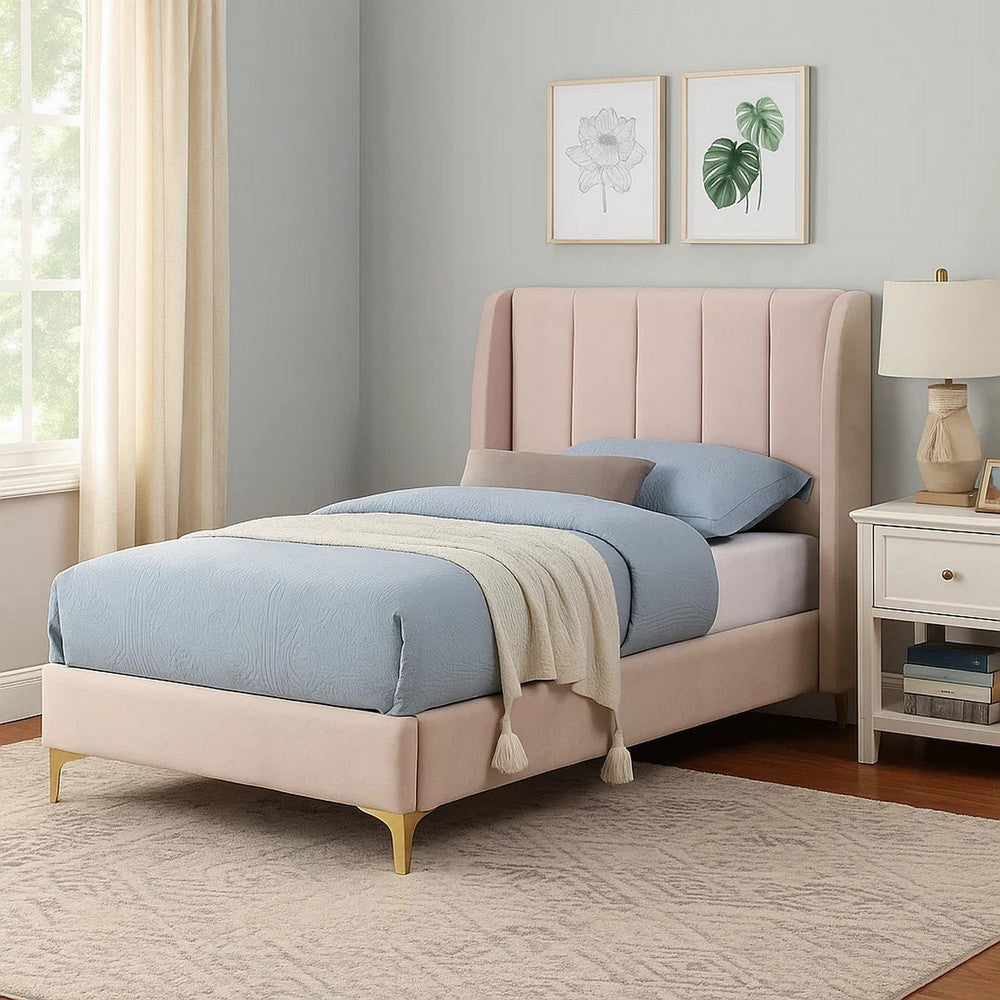 Pevy Twin Size Bed, Tufted Wingback in Light Pink Velvelike Upholstery - BM342380
