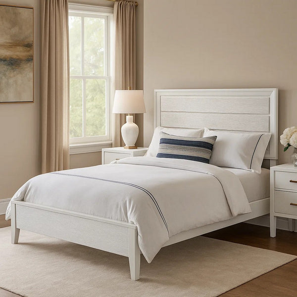 Tory California King Size Bed, Wave Texture and Mitered Corners, White - BM342381