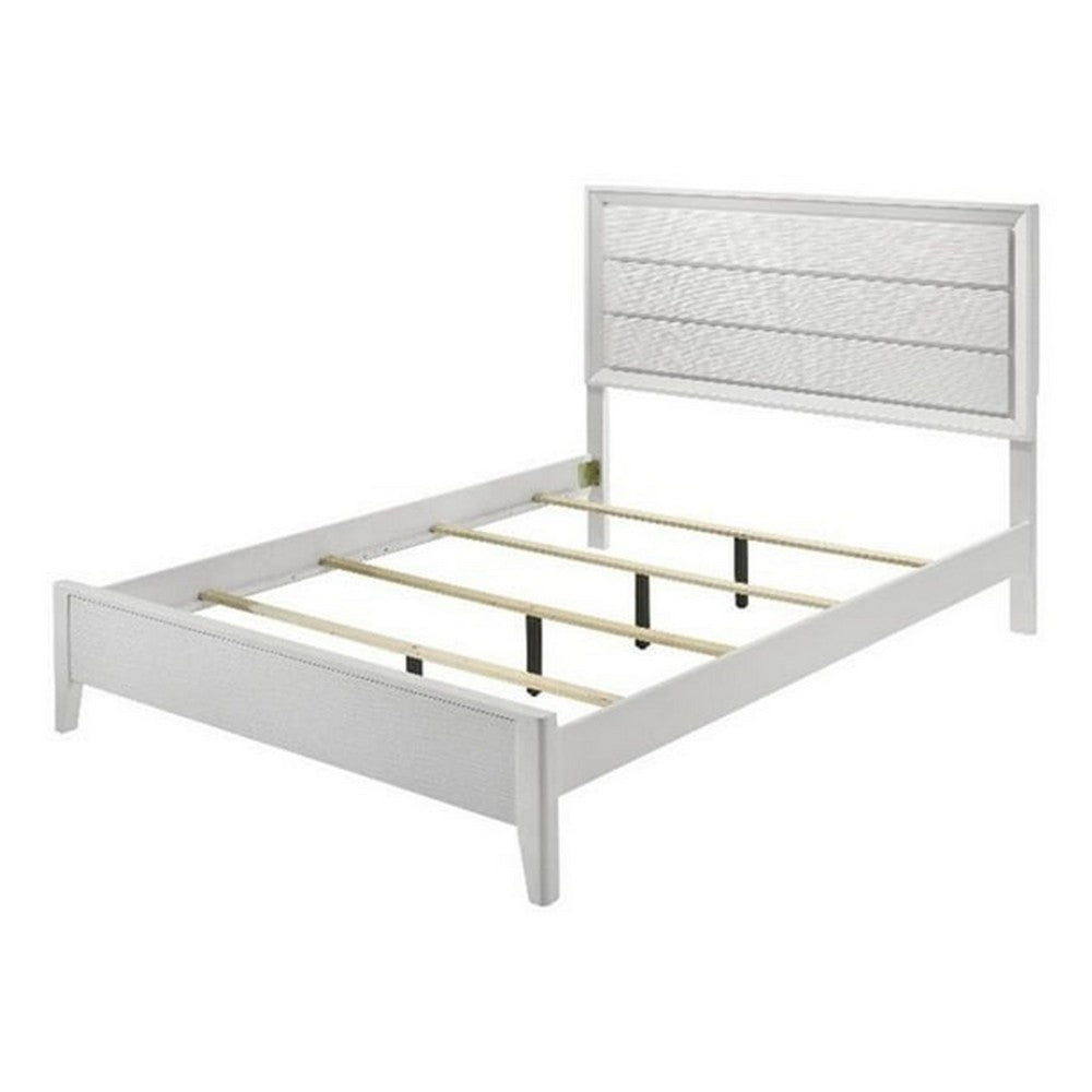Tory King Size Bed, Wave Texture and Mitered Corners, Modern White - BM342382