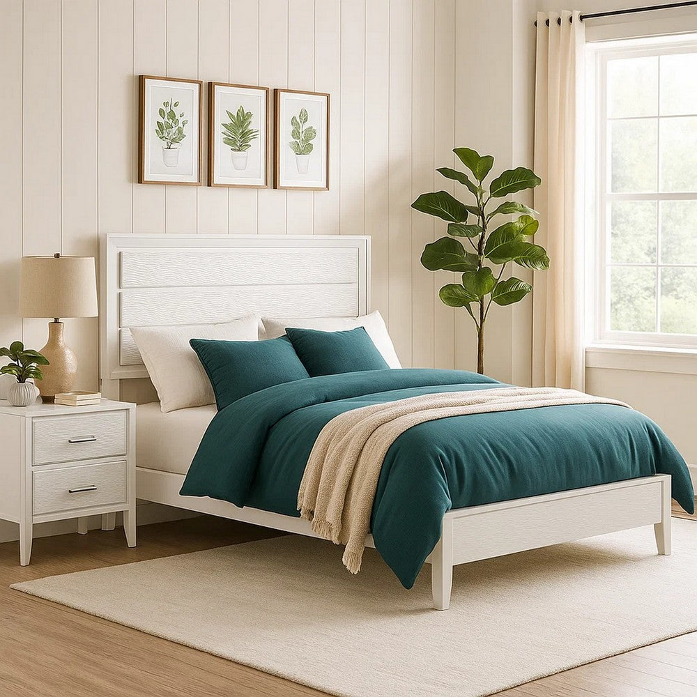 Tory King Size Bed, Wave Texture and Mitered Corners, Modern White - BM342382