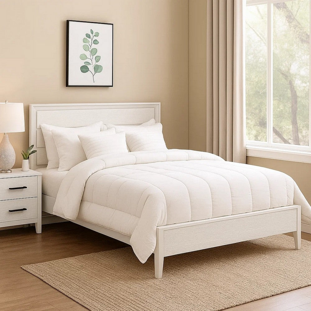 Tory King Size Bed, Wave Texture and Mitered Corners, Modern White - BM342382