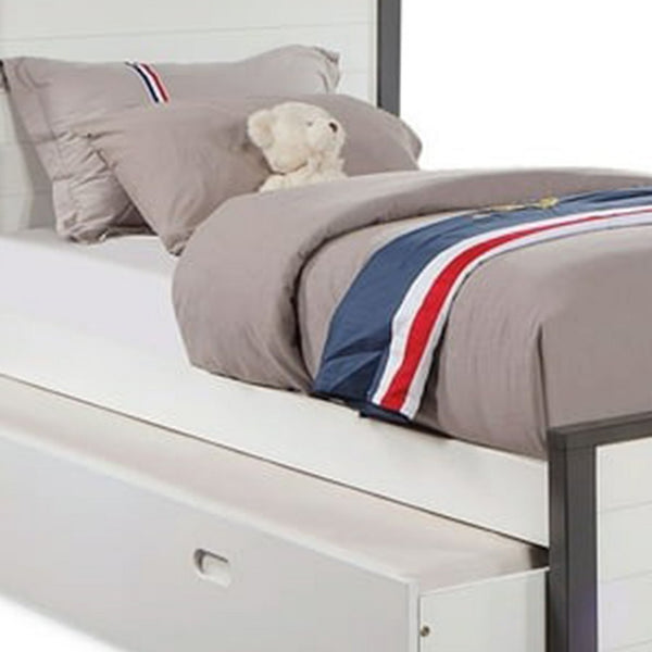 Akira Twin Size Bed with Storage Trundle, White Gray Plank Headboard - BM342383