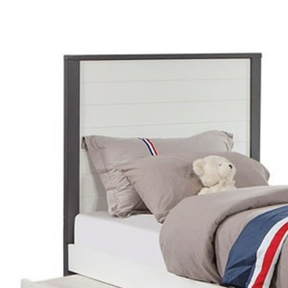 Akira Twin Size Bed with Storage Trundle, White Gray Plank Headboard - BM342383