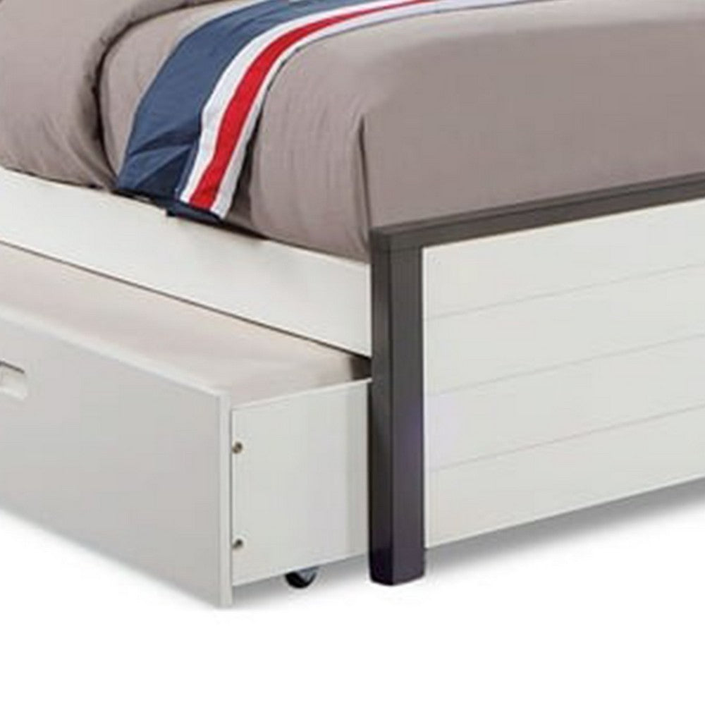 Akira Twin Size Bed with Storage Trundle, White Gray Plank Headboard - BM342383