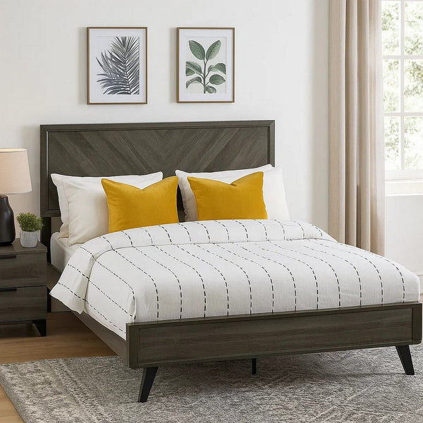 Vey King Size Bed, Gray Chevron Pattern Headboard, Black Angled Legs - BM342384