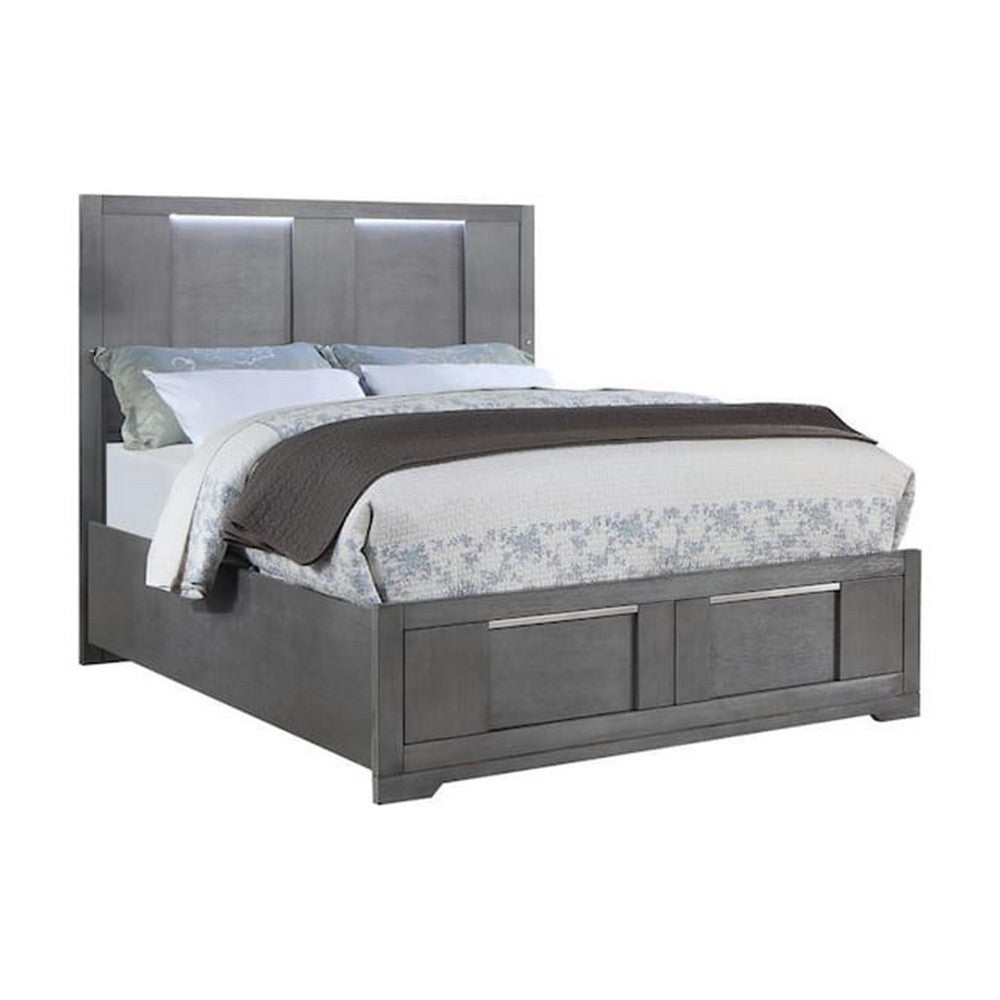 Levice Queen Size Bed, LED Headboard, 2 Footboard Storage Drawers, Gray - BM342385