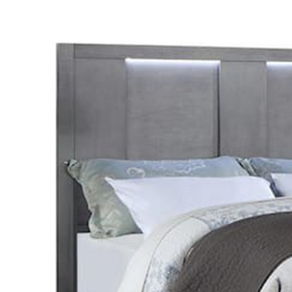 Levice Queen Size Bed, LED Headboard, 2 Footboard Storage Drawers, Gray - BM342385