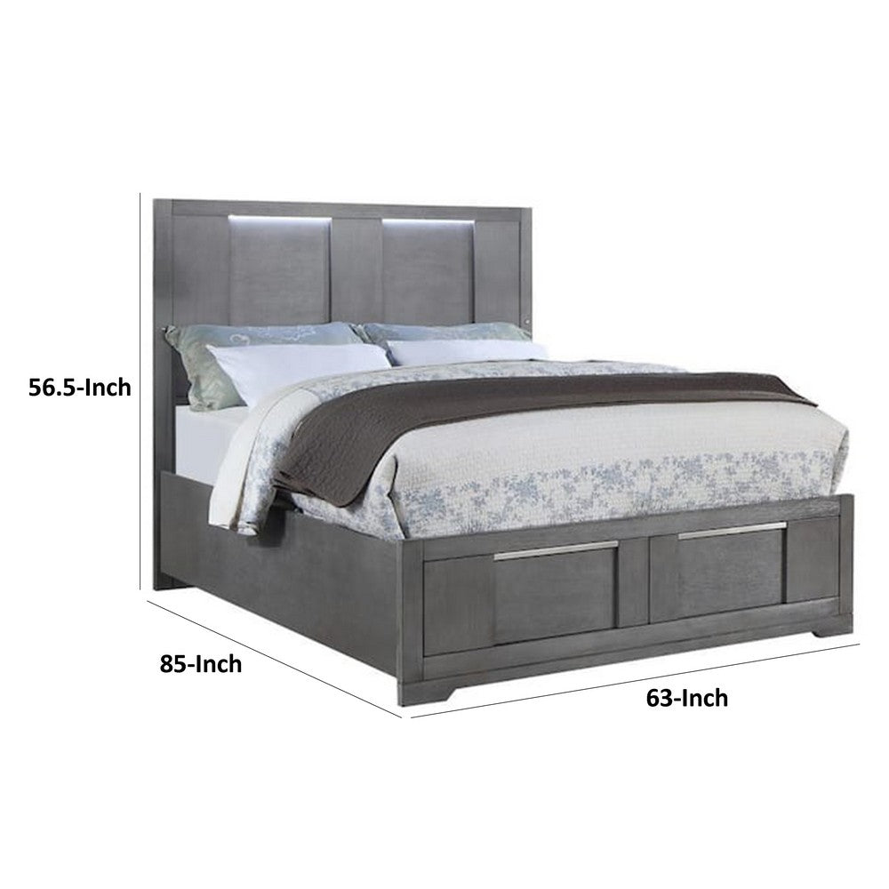 Levice Queen Size Bed, LED Headboard, 2 Footboard Storage Drawers, Gray - BM342385
