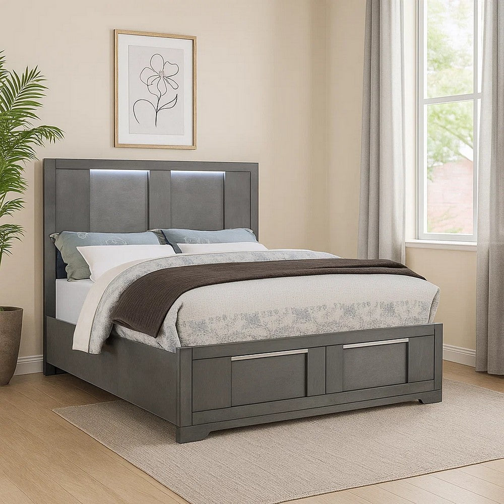 Levice Queen Size Bed, LED Headboard, 2 Footboard Storage Drawers, Gray - BM342385