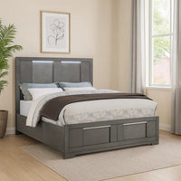 Levice Queen Size Bed, LED Headboard, 2 Footboard Storage Drawers, Gray - BM342385