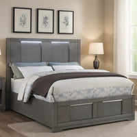 Levice Queen Size Bed, LED Headboard, 2 Footboard Storage Drawers, Gray - BM342385