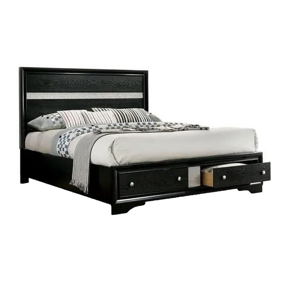 Cevy Queen Size Bed, Footboard Drawers, Black Wood w Glitter Accents - BM342389