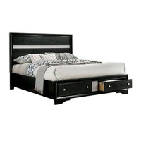 Cevy Queen Size Bed, Footboard Drawers, Black Wood w Glitter Accents - BM342389
