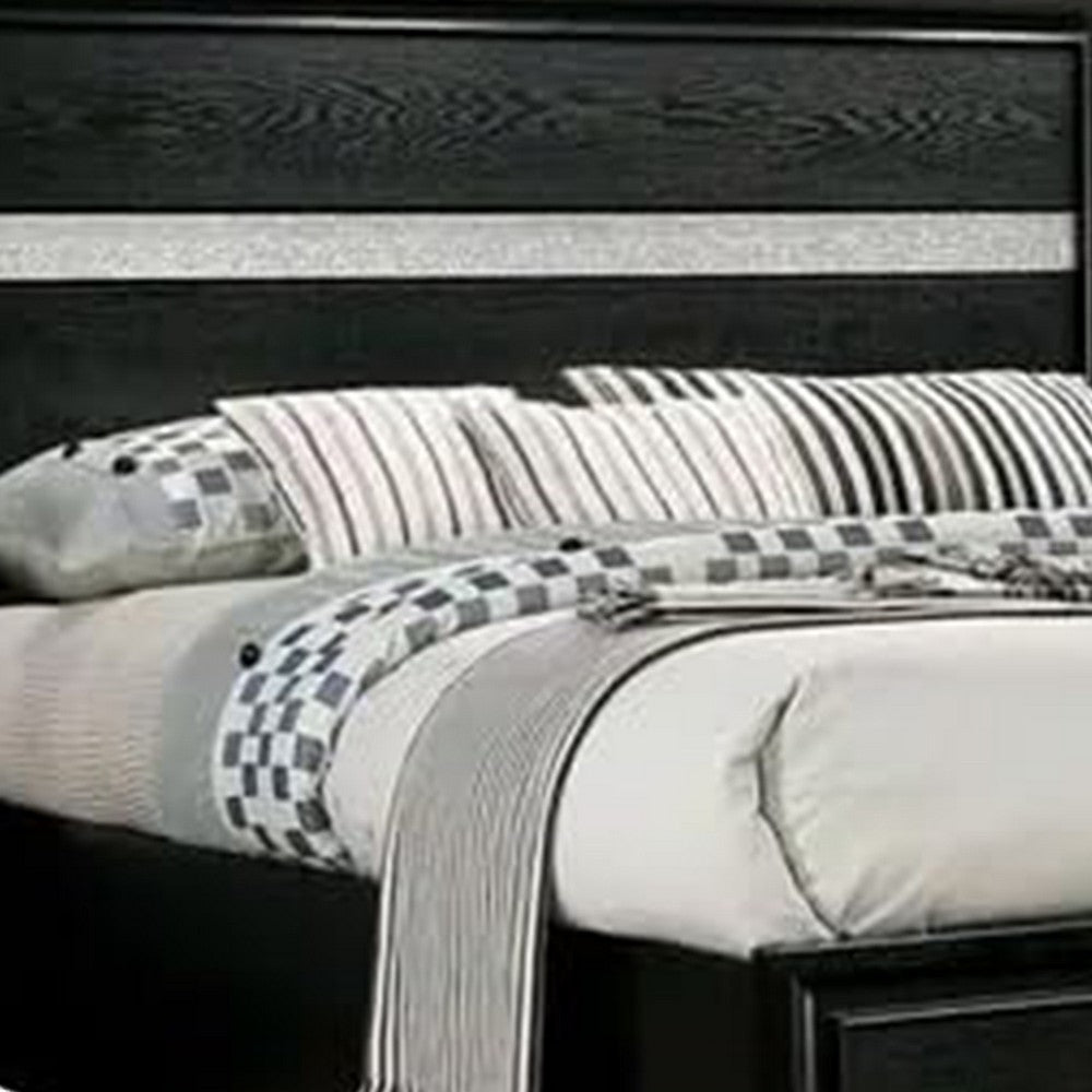 Cevy Queen Size Bed, Footboard Drawers, Black Wood w Glitter Accents - BM342389