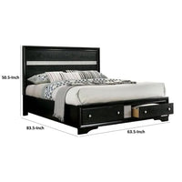 Cevy Queen Size Bed, Footboard Drawers, Black Wood w Glitter Accents - BM342389