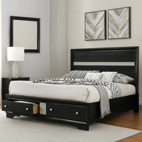 Cevy Queen Size Bed, Footboard Drawers, Black Wood w Glitter Accents - BM342389