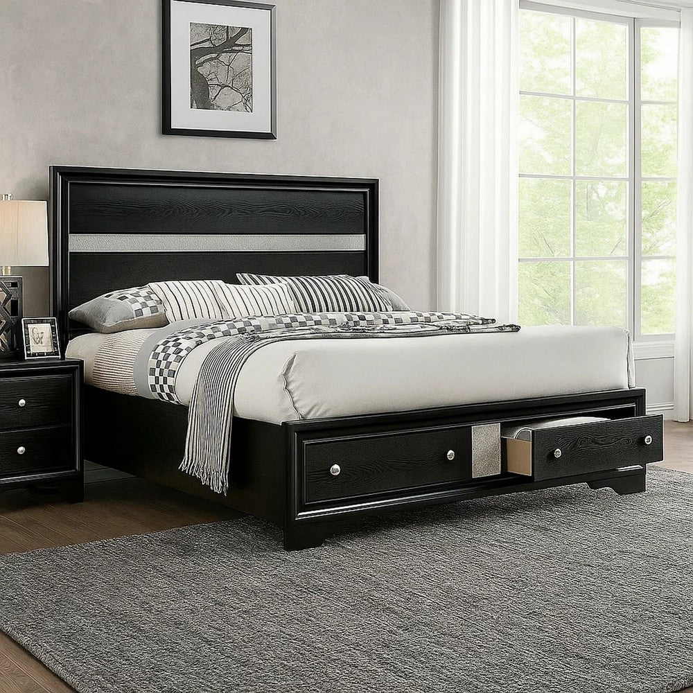 Cevy Queen Size Bed, Footboard Drawers, Black Wood w Glitter Accents - BM342389