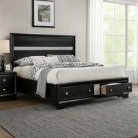 Cevy Queen Size Bed, Footboard Drawers, Black Wood w Glitter Accents - BM342389