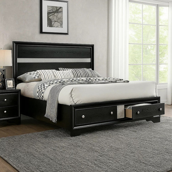 Cevy Queen Size Bed, Footboard Drawers, Black Wood w Glitter Accents - BM342389