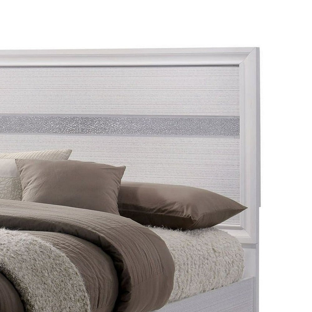 Cevy Full Size Bed, Footboard Drawers, White Wood w Glitter Accents - BM342390