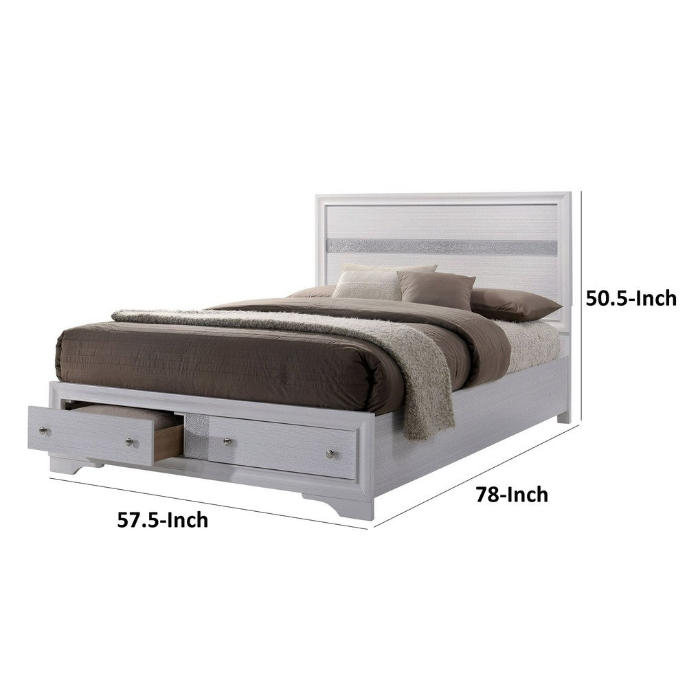 Cevy Full Size Bed, Footboard Drawers, White Wood w Glitter Accents - BM342390