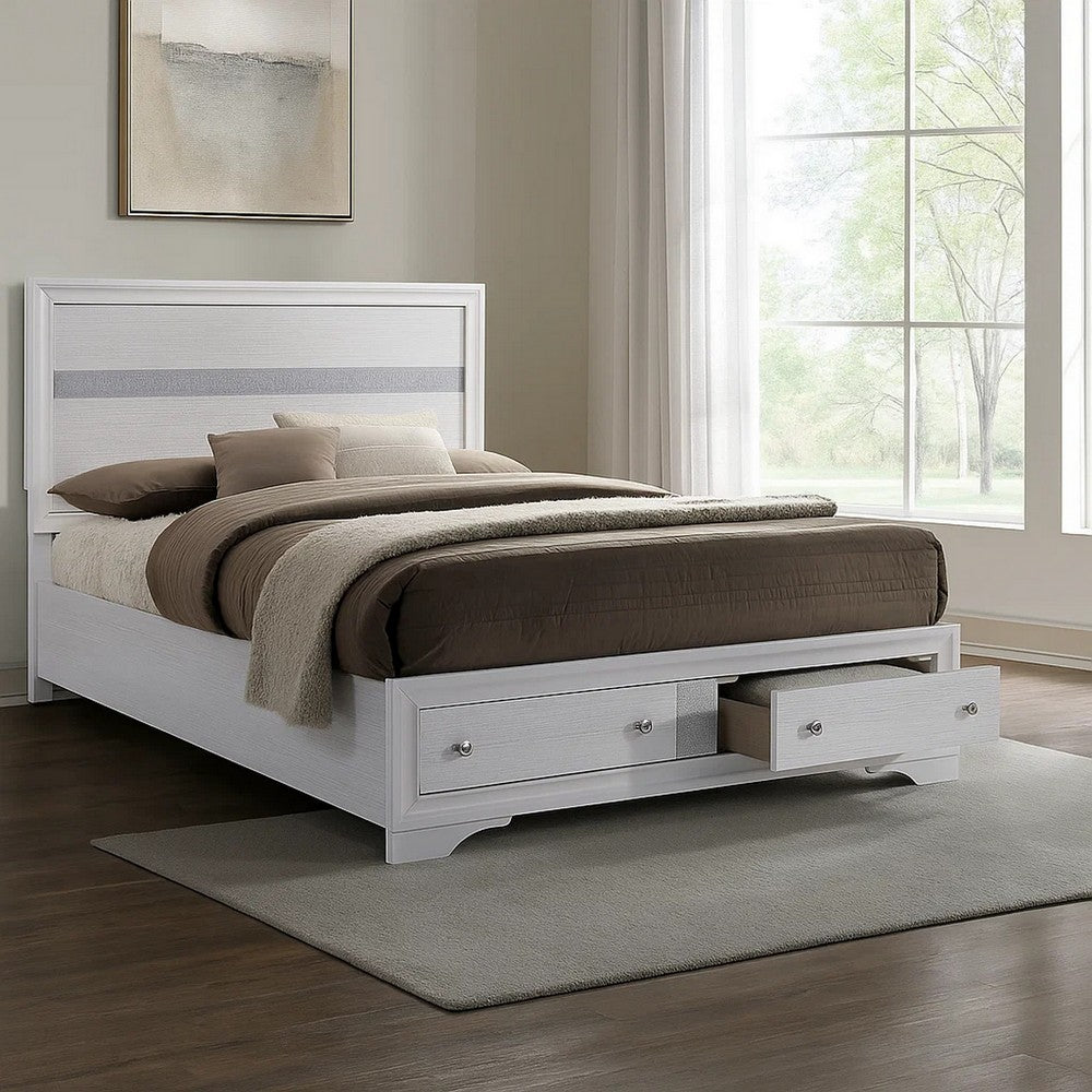 Cevy Full Size Bed, Footboard Drawers, White Wood w Glitter Accents - BM342390