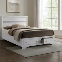 Cevy Full Size Bed, Footboard Drawers, White Wood w Glitter Accents - BM342390