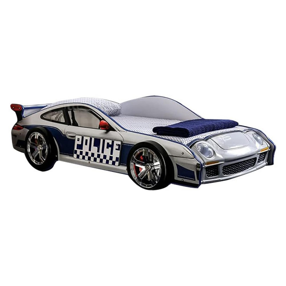 Peri Twin Size Kids Bed with Realistic Police Car Design, White, Blue - BM342391