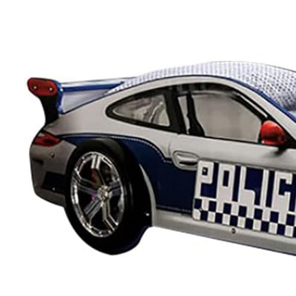 Peri Twin Size Kids Bed with Realistic Police Car Design, White, Blue - BM342391