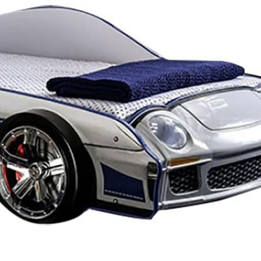 Peri Twin Size Kids Bed with Realistic Police Car Design, White, Blue - BM342391