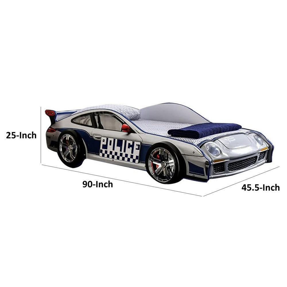 Peri Twin Size Kids Bed with Realistic Police Car Design, White, Blue - BM342391