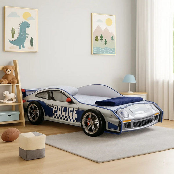 Peri Twin Size Kids Bed with Realistic Police Car Design, White, Blue - BM342391