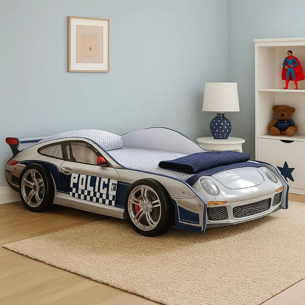Peri Twin Size Kids Bed with Realistic Police Car Design, White, Blue - BM342391