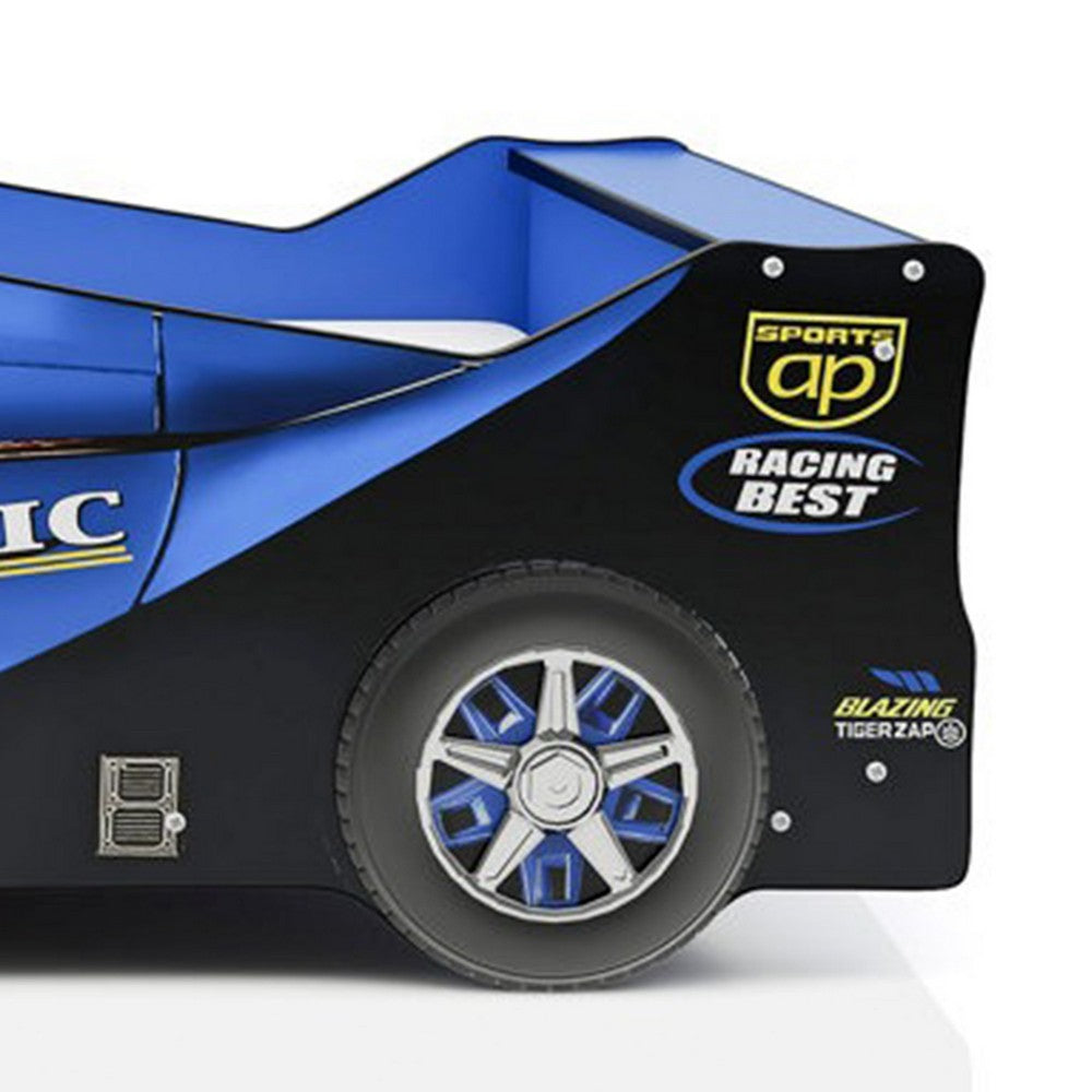 Teri Twin Size Kids Bed with Racecar Decals and Spoiler, Blue - BM342392